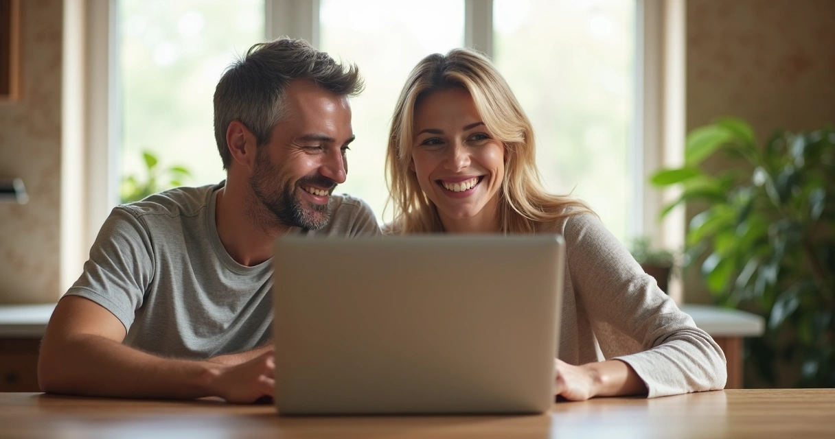Casal sorrindo em casa após sessão online 