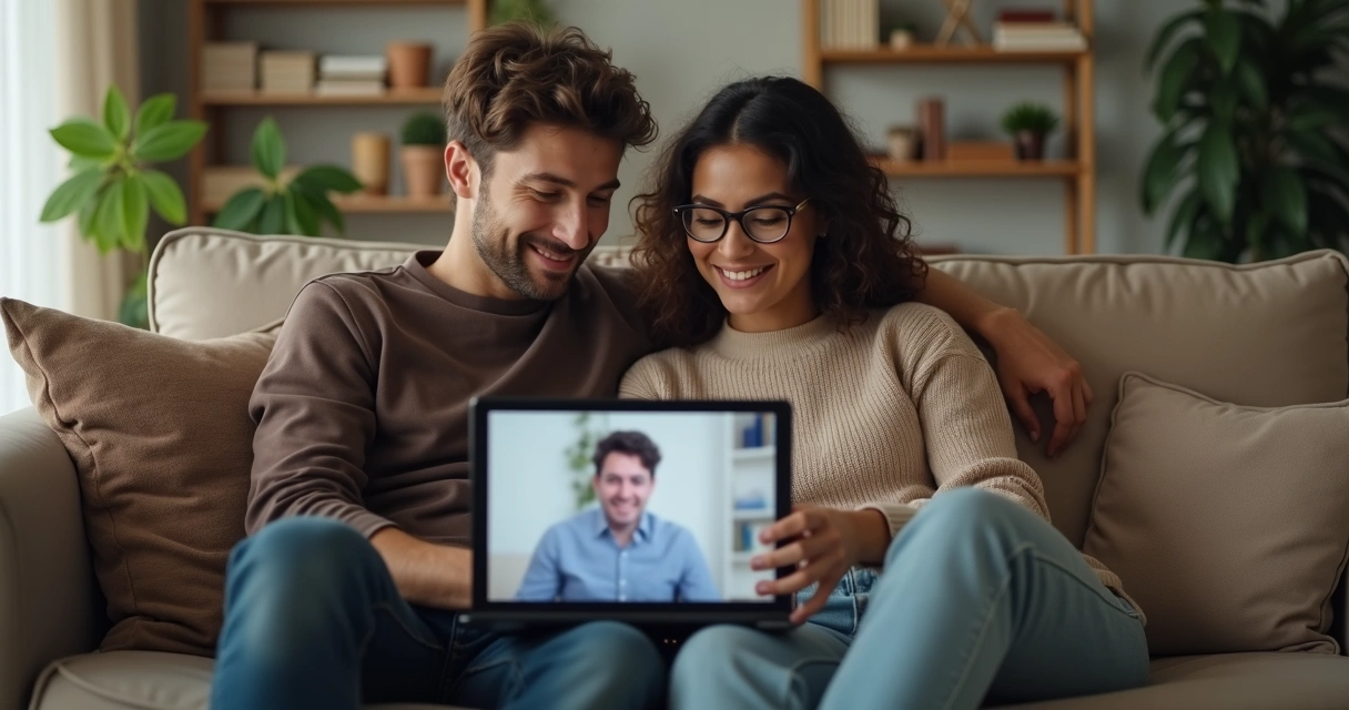 Casal conversa com psicólogo por videoconferência 
