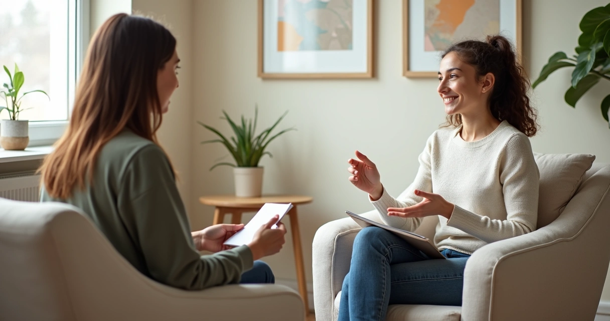Psicóloga e paciente conversando em consulta de terapia.