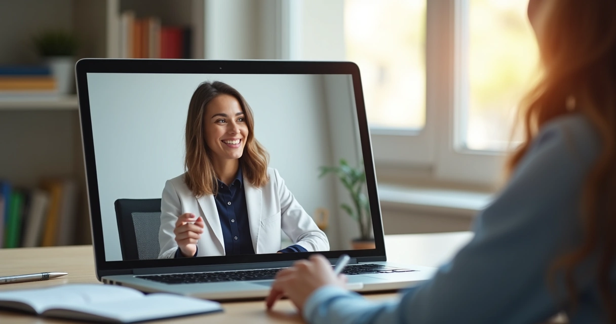 Terapia online entre paciente e psicólogo na tela do computador.