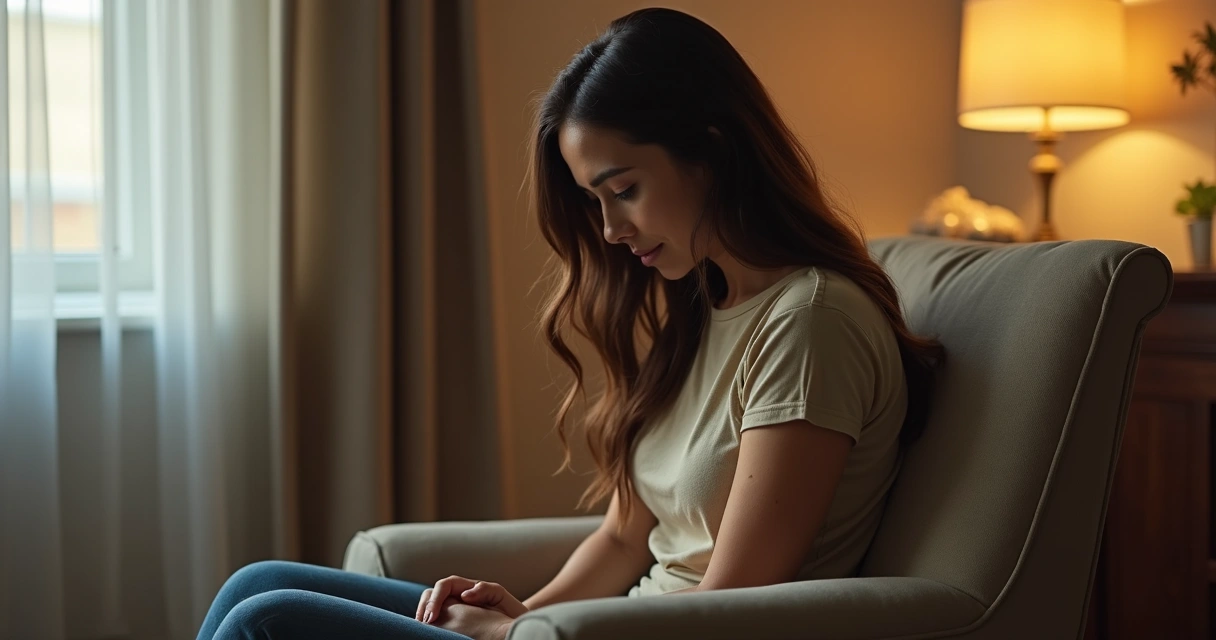 Mulher sentada sozinha, olhando para baixo em expressão pensativa 