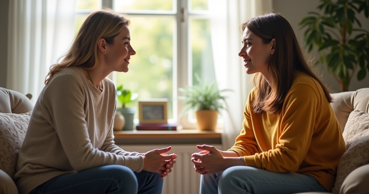 Duas pessoas sentadas conversando em uma sala tranquila 