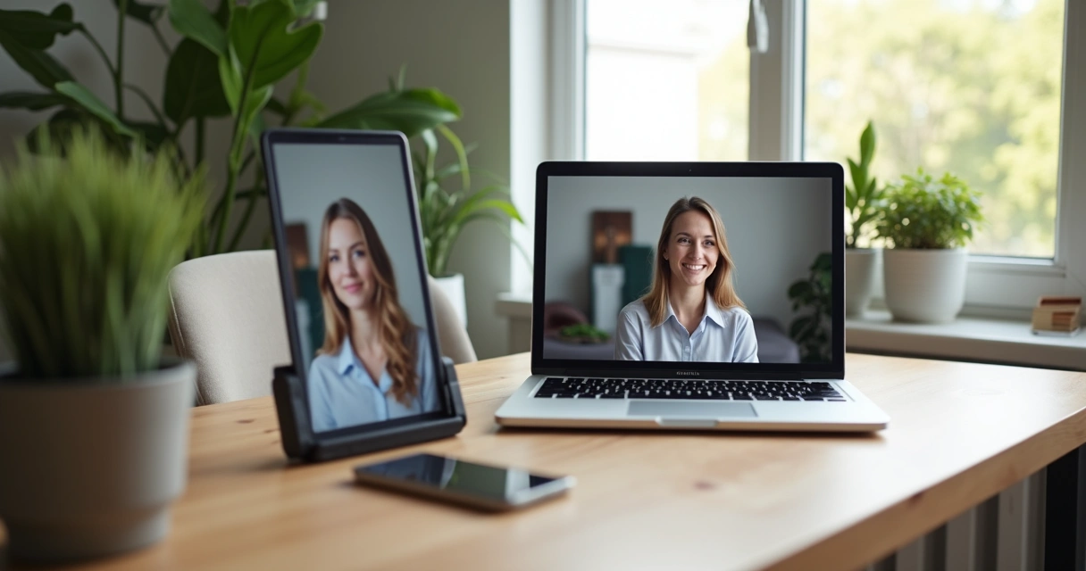 Computador e celular exibindo sessão de terapia online em ambiente tranquilo 