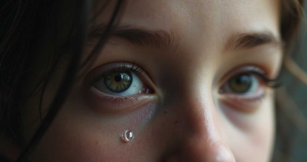 Olhos com lágrima escorrendo em close, expressando emoção 