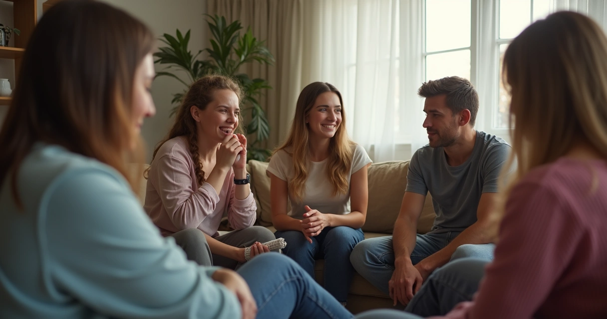 Grupo de amigos sentados em roda, apoiando quem está chorando silenciosamente 