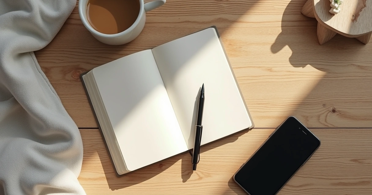 Mesa com caderno, xícara e celular virado para baixo 