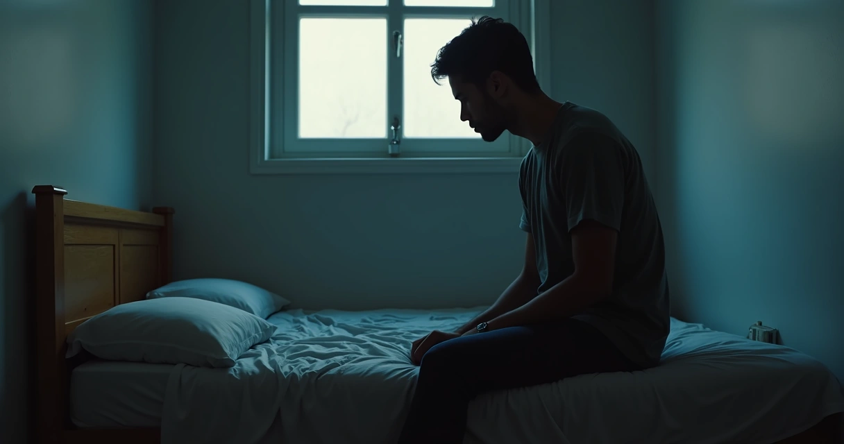 Pessoa sentada sozinha em um quarto silencioso, olhando para o chão 