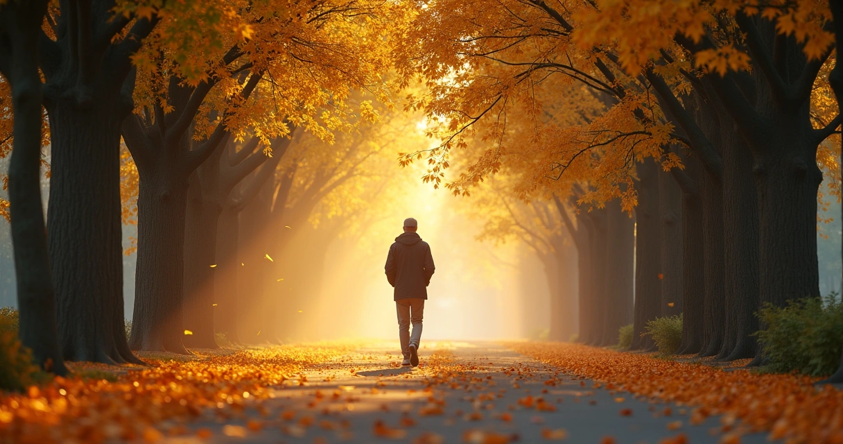 Pessoa caminhando sozinha em uma rua arborizada, folhas caindo ao redor, clima sereno 