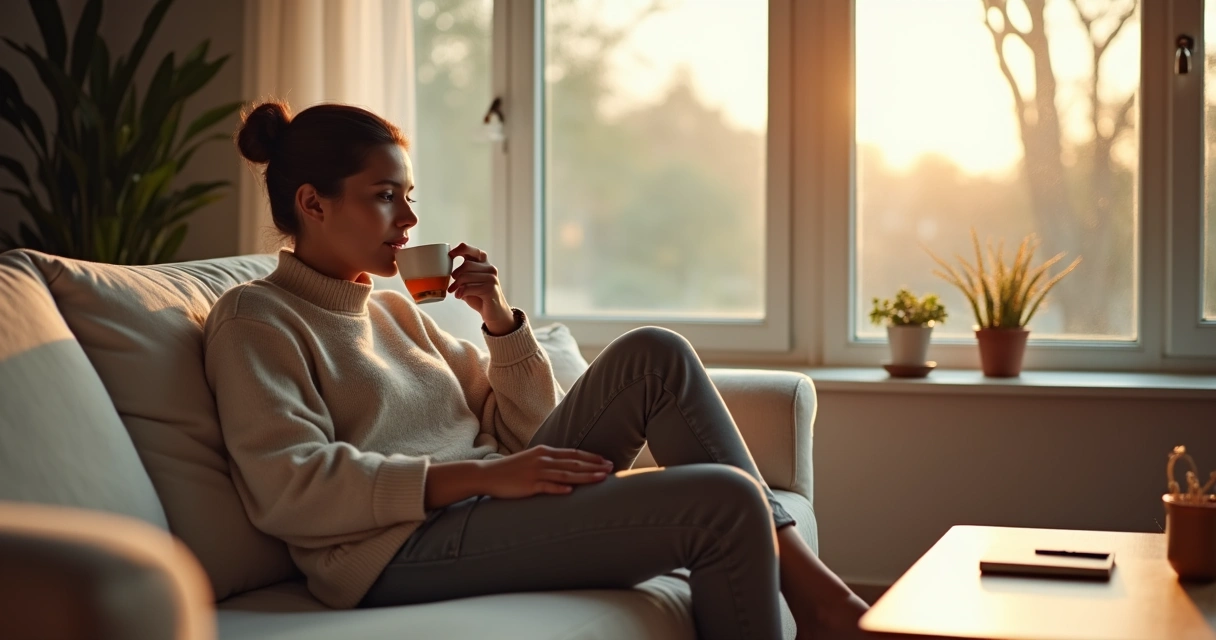 Pessoa sentada em uma sala iluminada segurando uma caneca, com caderno aberto sobre a mesa ao lado 