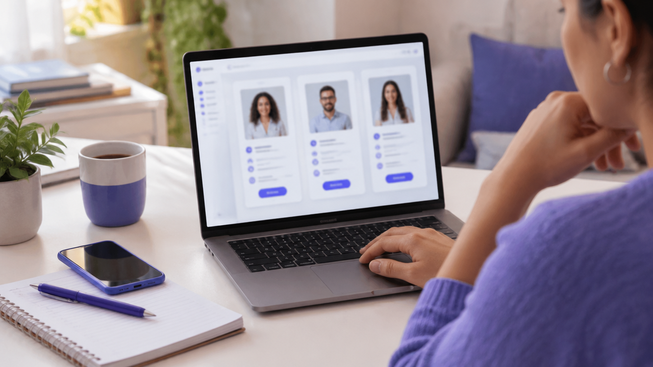 Pessoa compara perfis de psicólogos em um notebook antes de escolher uma plataforma de terapia online