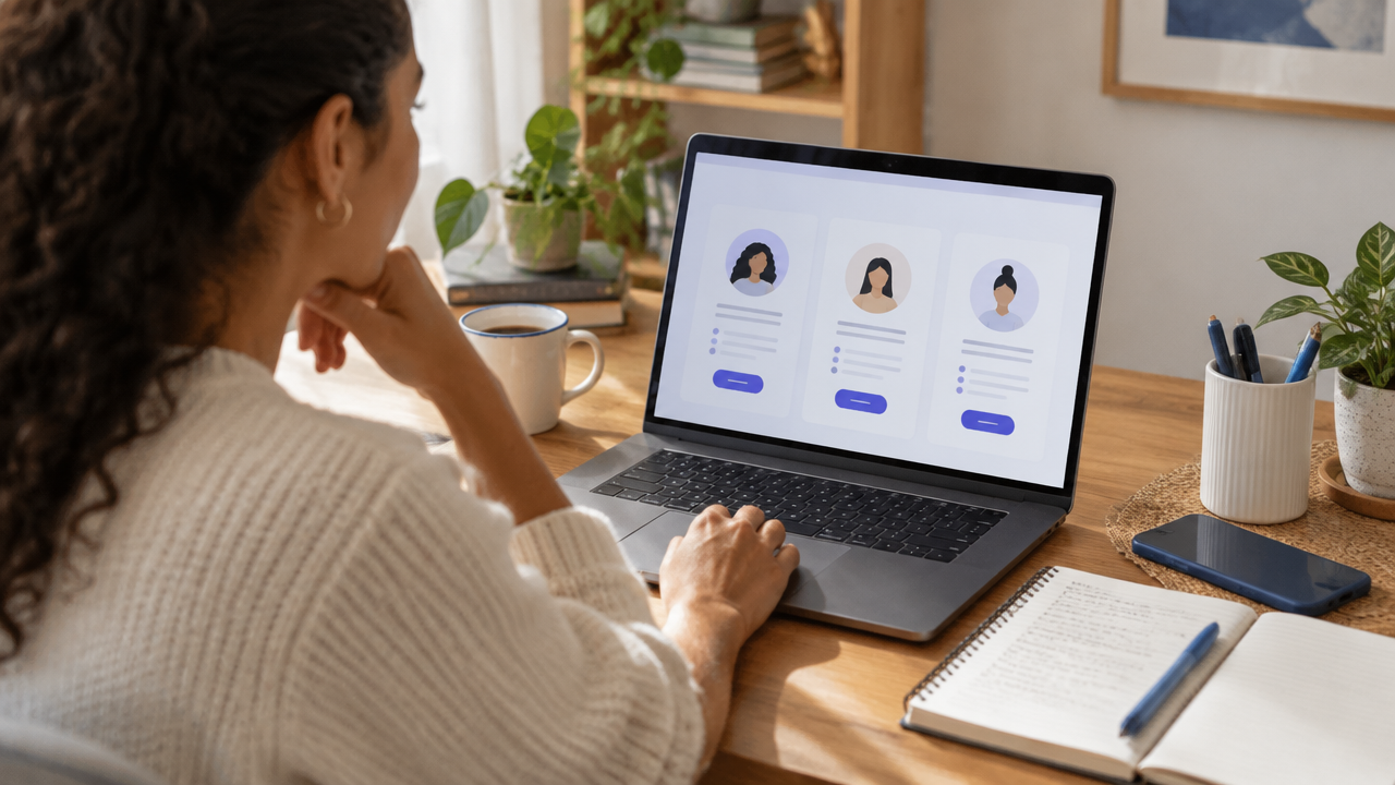 Pessoa comparando opções de psicoterapia online no laptop e anotando critérios em um caderno