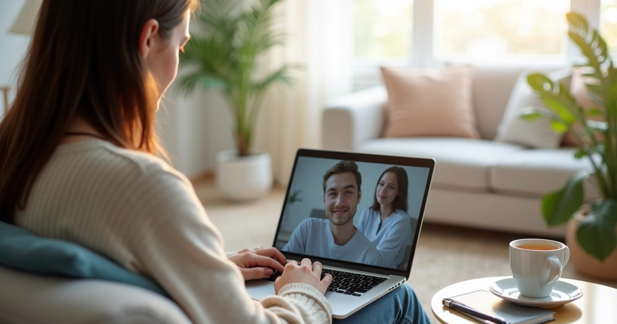Pessoa em atendimento terapêutico online no notebook
