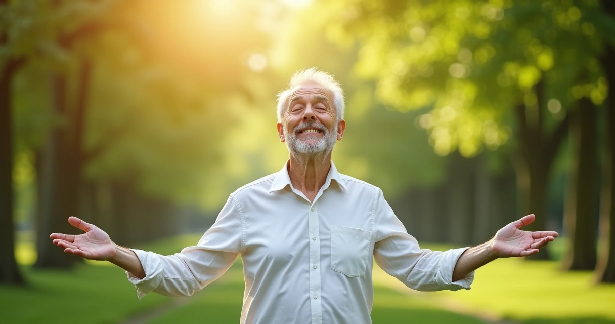 Pessoa sorrindo ao ar livre, expressão de alívio 
