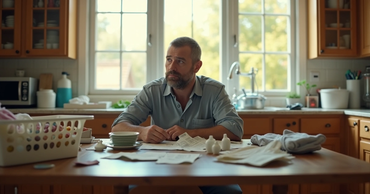 Homem adulto em um ambiente doméstico olhando para uma pilha de contas e tarefas, parecendo hesitante ou indeciso. 