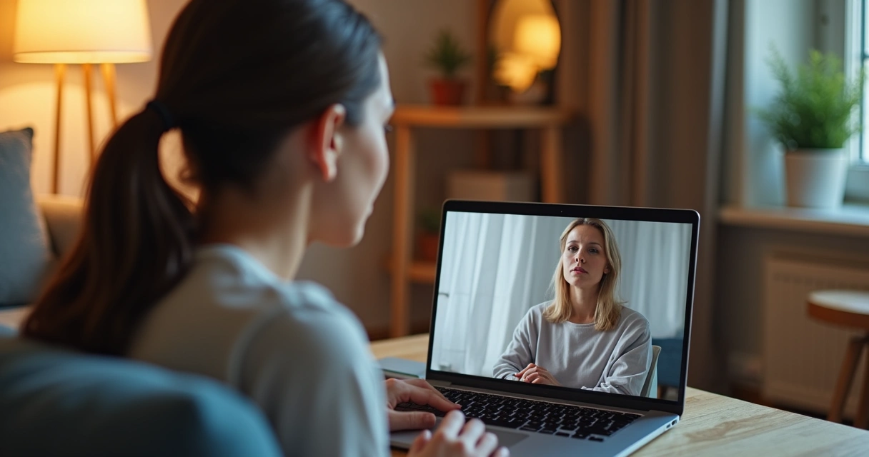Duas pessoas conversando em uma sessão de terapia online, cada uma em seu ambiente, por vídeo chamada. 